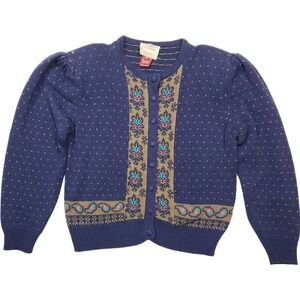 Vintage 80's Susan Bristol Embroidered Cardigan Sweater Sz M Blue Cottagecore